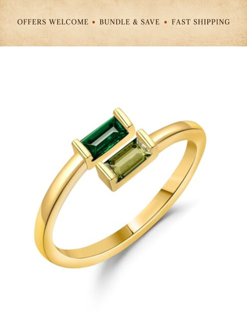 Baguette Birthstone Ring Emerald Blue Zircon Gold-Filled Adjustable Gift